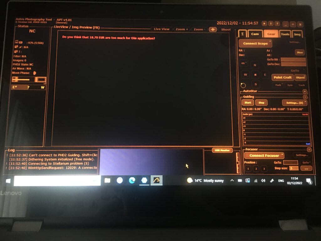 APT - Astrophotography Tool on laptop screen includes plate solving