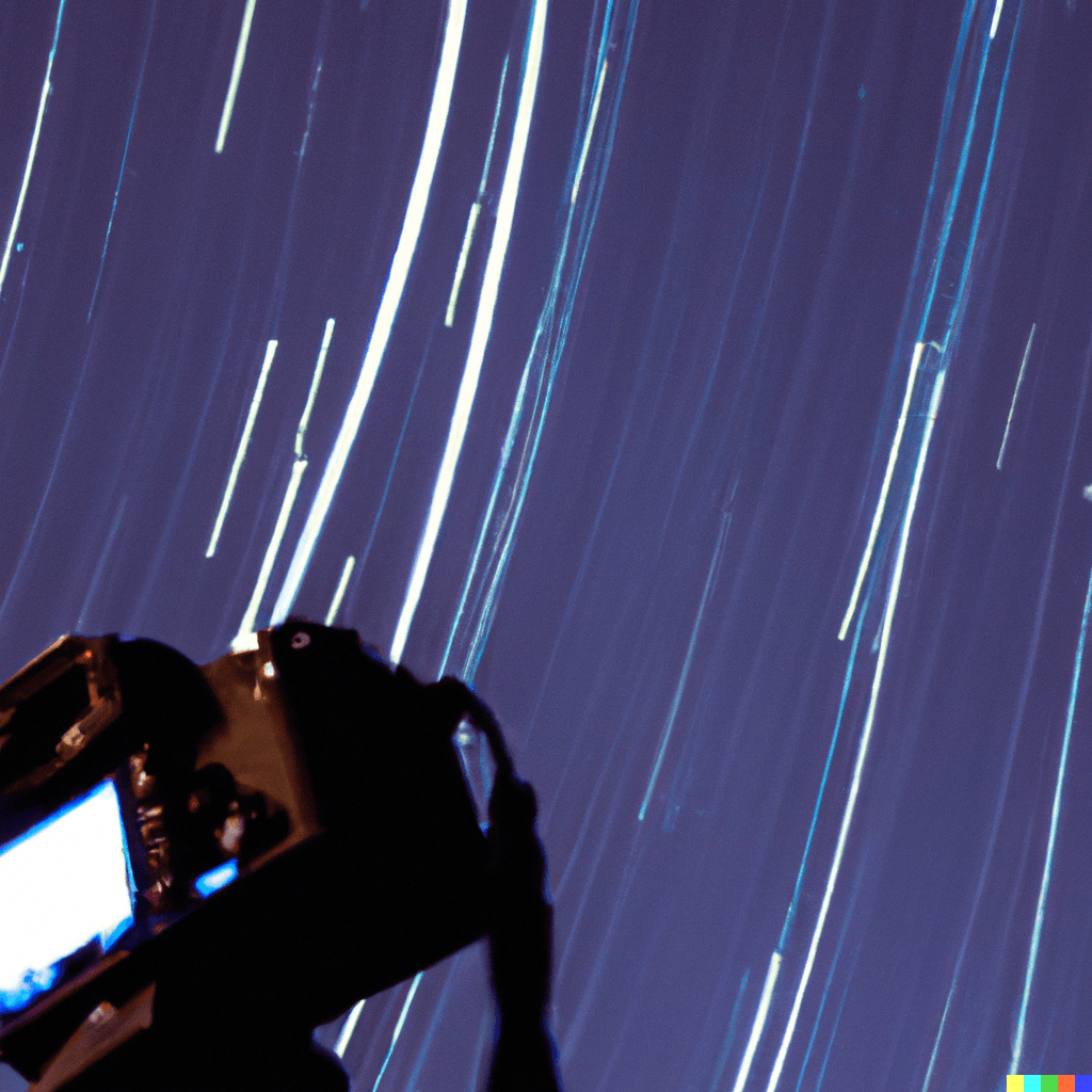 image with a dslr camera in front of trailing stars. Use the 500 rule astrophotography formula.